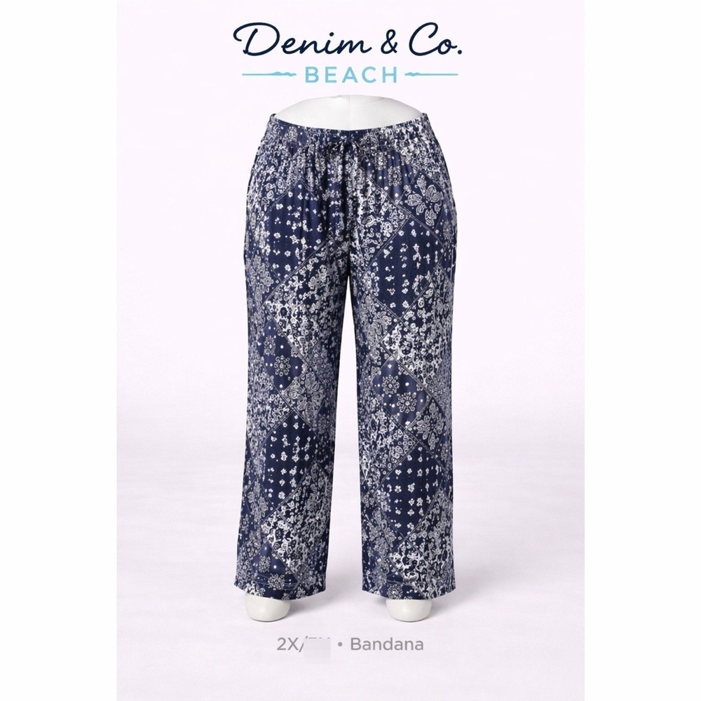 Denim & Co Beach Womens 2X Navy Bandana Print Wide Leg Knit Pants Pull On A47321